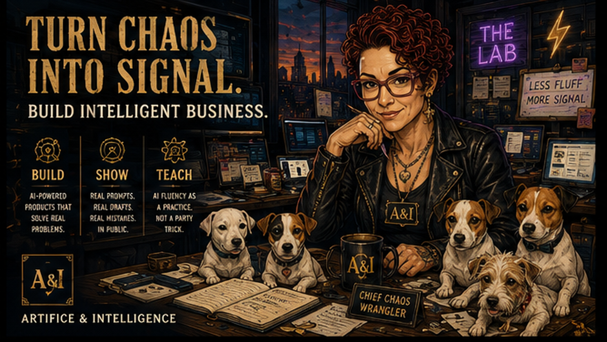 Illustrated A&I workbench: Lisa and the dog operators turning chaos into signal.