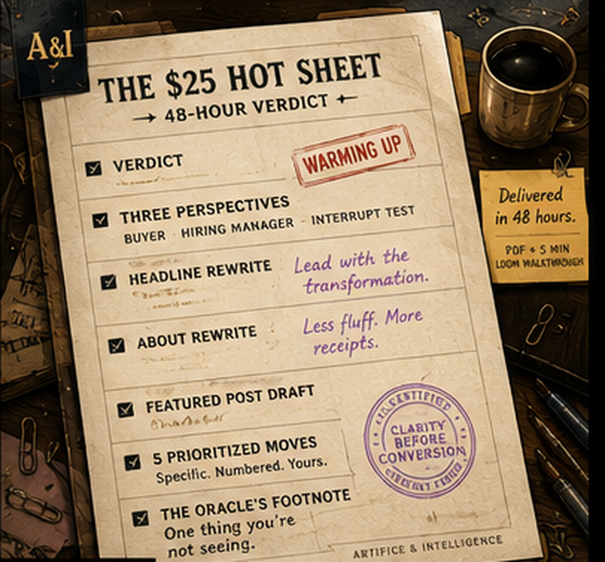 Illustrated mockup of the $25 Hot Sheet report: verdict, three perspectives, headline and About rewrites, five prioritized moves.
