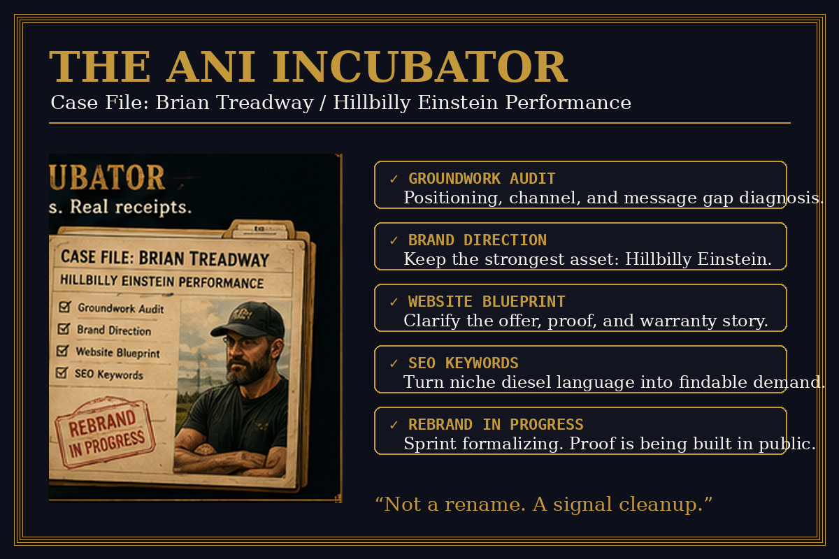 Illustrated case file for Brian Tredway, Hillbilly Einstein Performance: audit, brand direction, website blueprint, delivered.
