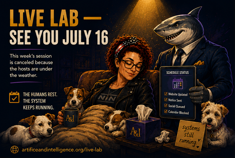 Illustrated announcement card: Live Lab canceled tonight, see you July 16.