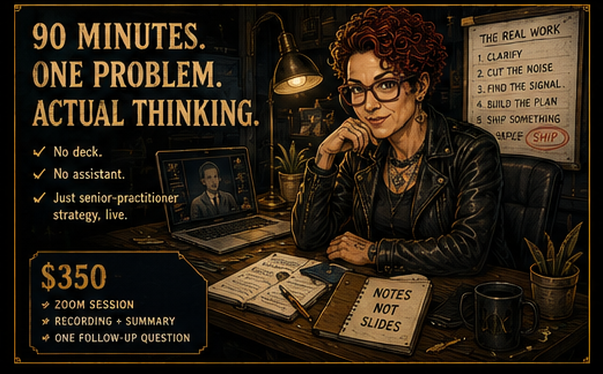 Illustrated Lisa at her desk: ninety minutes, one problem, actual thinking — no deck, no assistant.