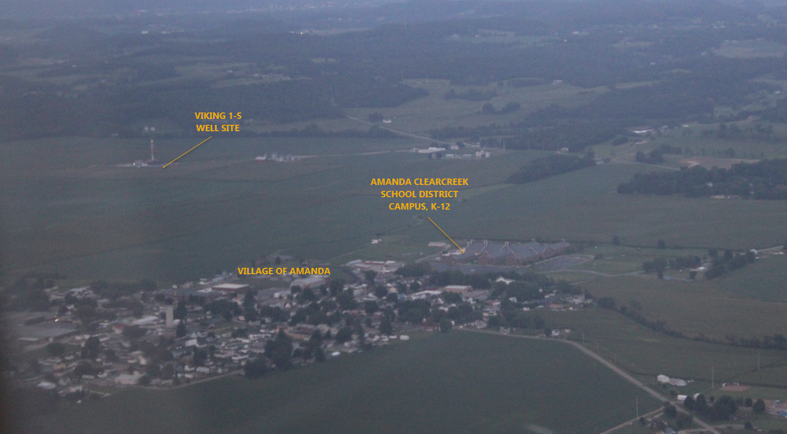Aerial photo labeling the Viking 1-S well site, the Amanda-Clearcreek K-12 school campus and the Village of Amanda